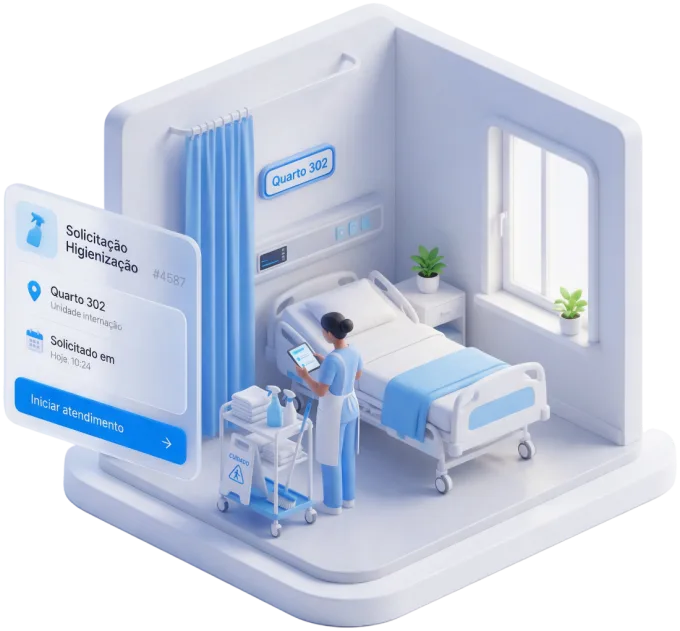 Profissional de higienização com tablet em um quarto de hospital, ao lado de um chamado de higienização